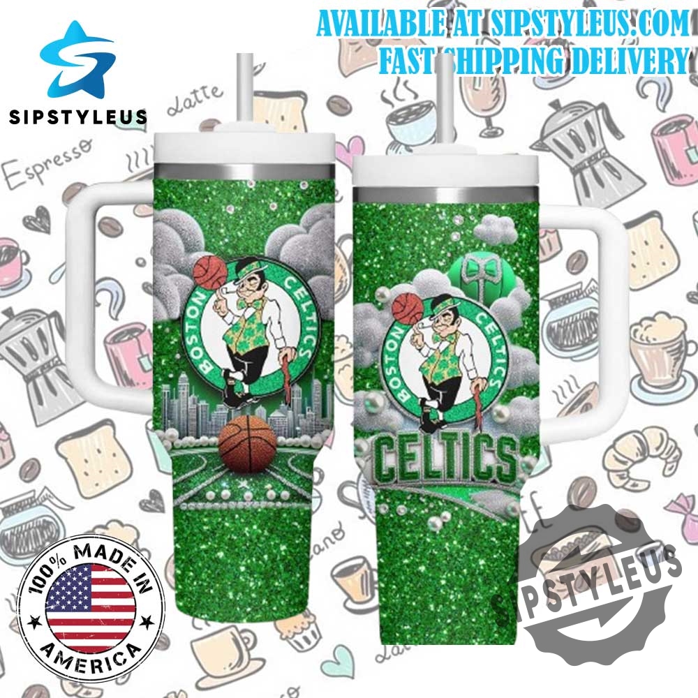 Boston Celtics Glitter Green Tumbler Shamrock Logo And Basketball Fan Cup